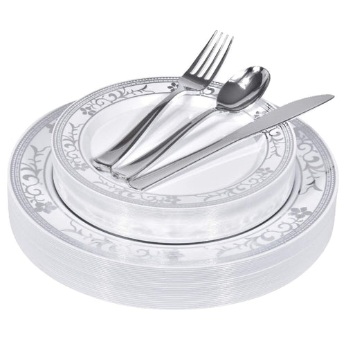 125-Piece White and Silver Floral Fancy Plastic Plates Disposable with Silverware Elegant Dinnerware for Weddings Holiday Party China Set of 25 Dinner + Salad Plates 25 Spoons 25 Forks 25 Knives