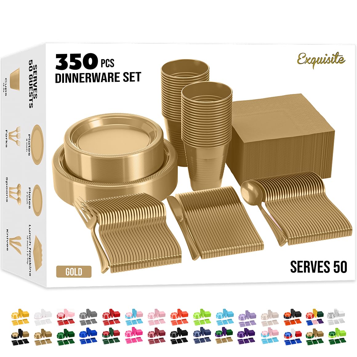 Gold Disposable Dinnerware Set - 350 Pieces, Serves 50
