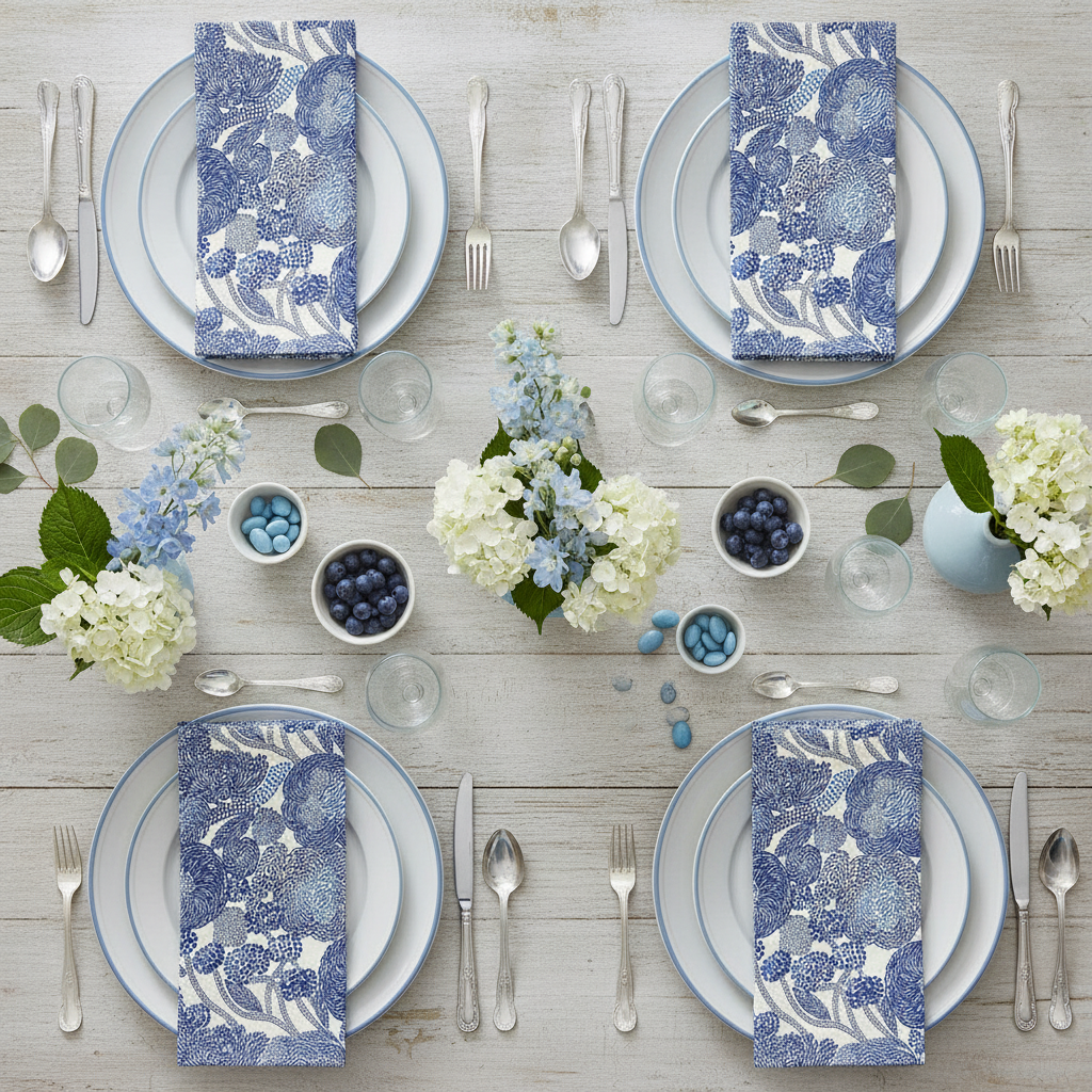 Blue and white tablescape flat-lay with Scandinavian floral paper napkins