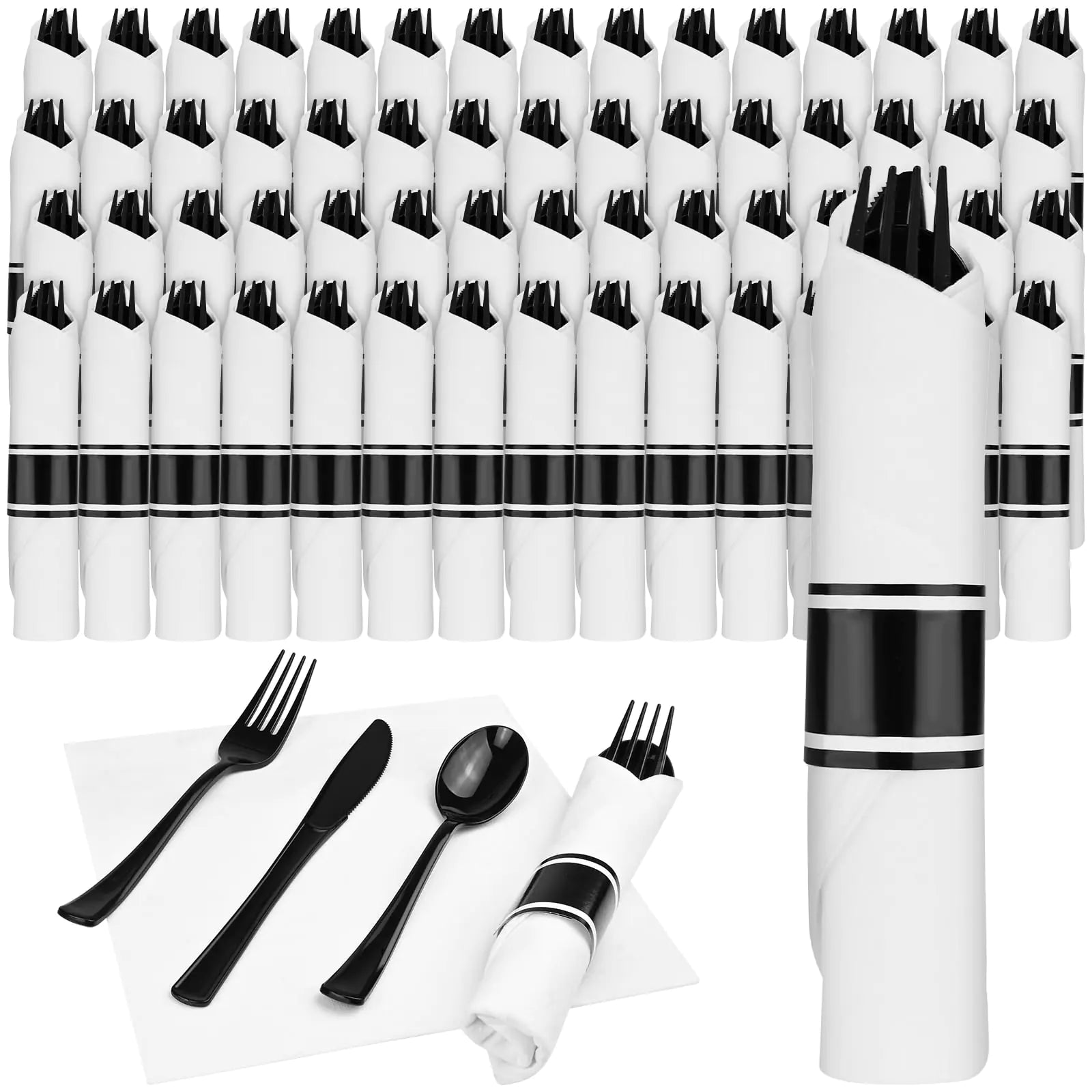 Black pre-rolled plastic cutlery sets wrapped in white napkins with black band, 60 pack with forks knives spoons