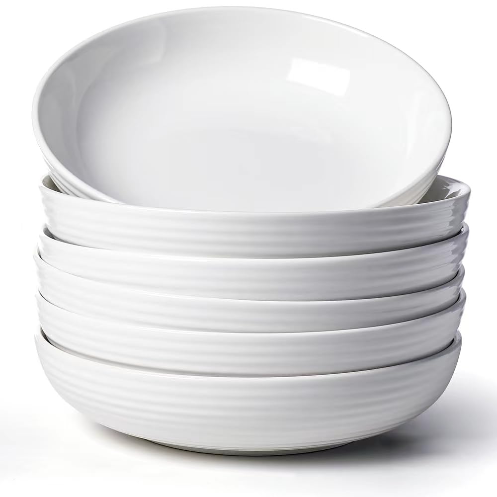 AISBUGUR Pasta Bowls 38oz Ceramic Pasta Plates Set of 6 8.7" Salad Bowls Serving Bowls White Blates for Eating Wide and Shallow Bowls Plates for Serving Dinner Microwave Dishwasher Safe
