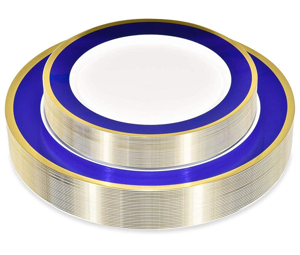 Blue and Gold Plastic Party Plates — 50-Piece Set (25 Dinner 10.25 in + 25 Dessert 7.5 in)