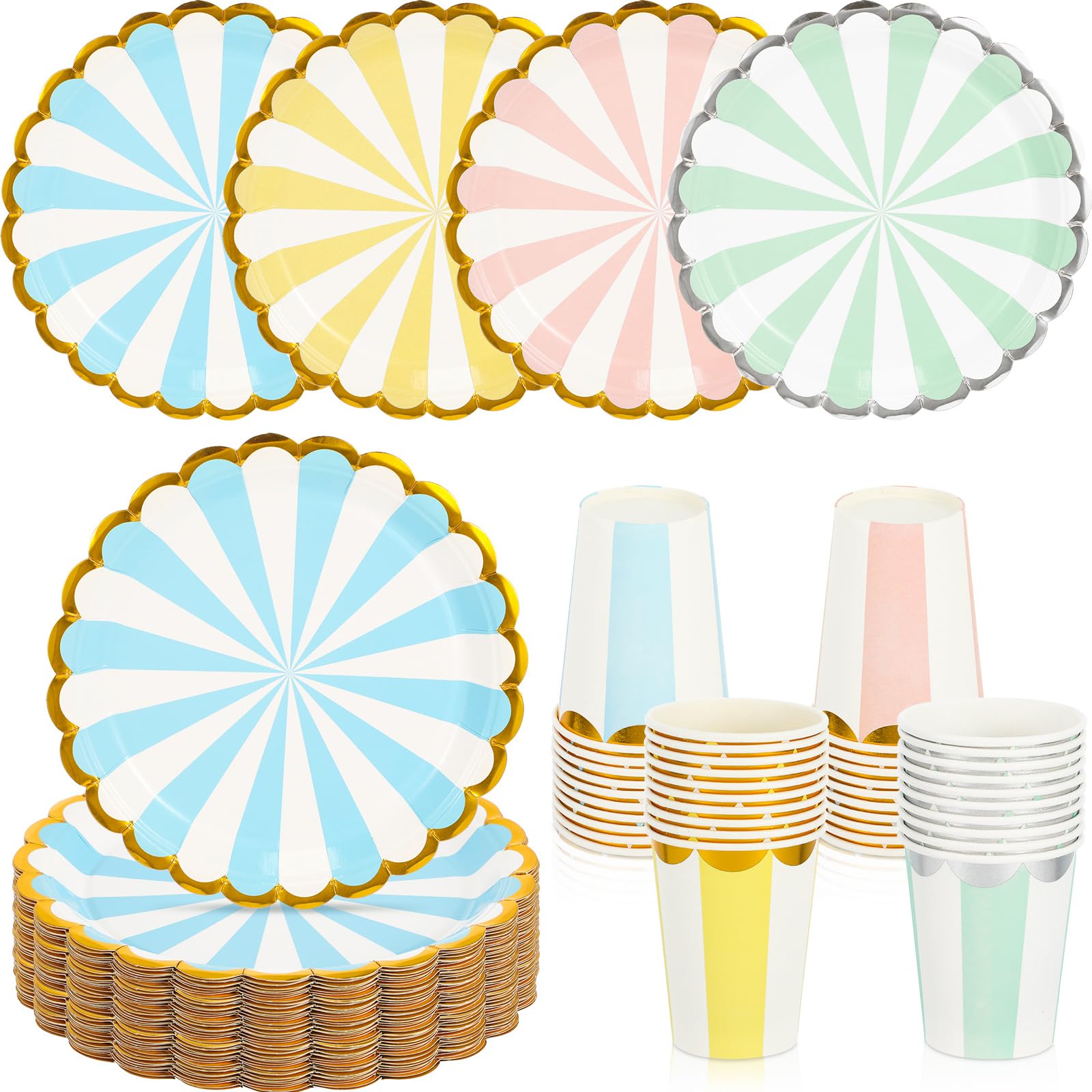 CHENGU Disposable Plates for Party Disposable Dinnerware Set Include 7 Inch Paper pastel Dessert Plates and 12 oz Cups for Birthday Party Supplies Baby Shower Wedding (Stripe Style80 Pcs)