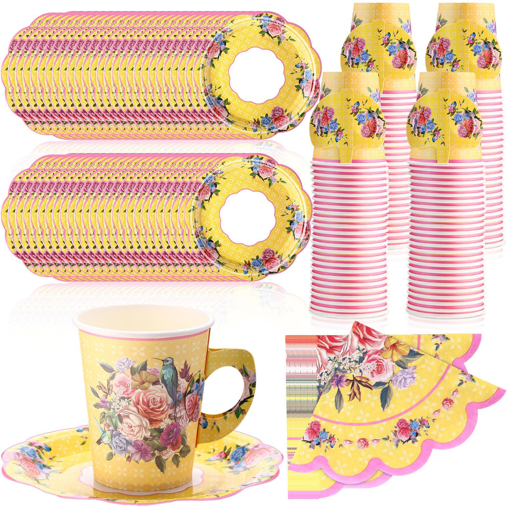 Yetene 300 Pcs Disposable Tea Party Supplies Bulk Vintage 9 oz Tea Party Cups with Handle Floral Tea Paper Plates 10" Napkins Teacup and Saucer Set for Birthday Baby Shower Party (Yellow)