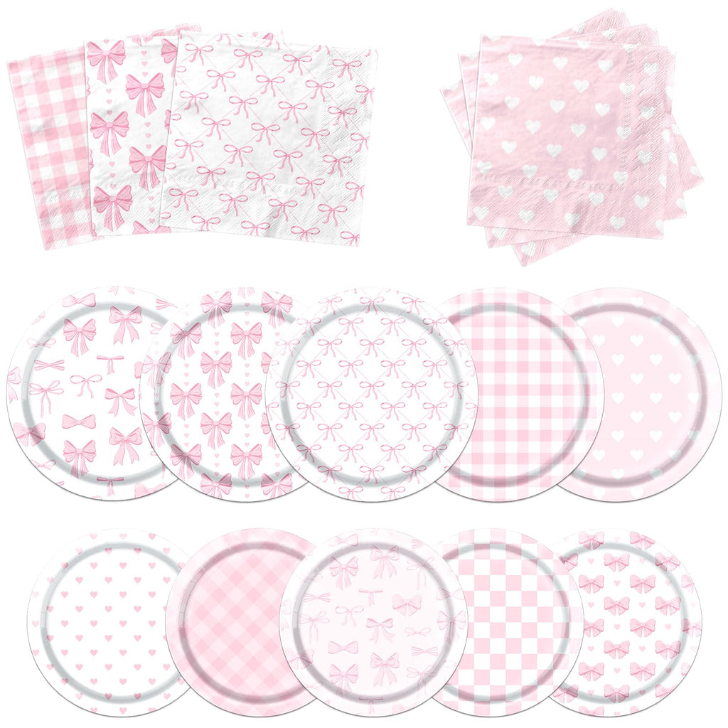 Bow Party Decorations Tableware60pcs Pink Bow Plates and Napkins Disposable Bow Paper Plates and Bow Napkins Pink Bow Party Decorations for Girl Coquette Birthday Baby Shower Decorations
