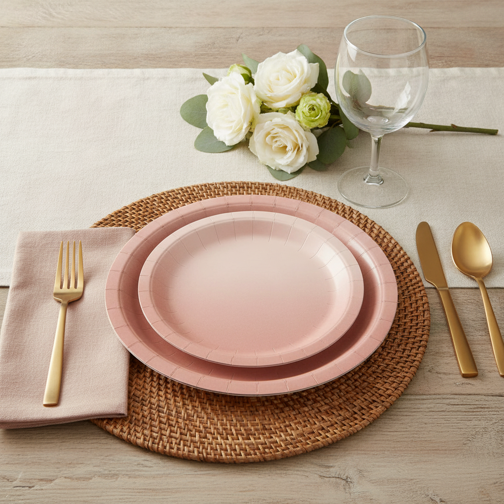 Dusty pink gradient disposable paper party plates styled on a rattan placemat with gold flatware and white roses