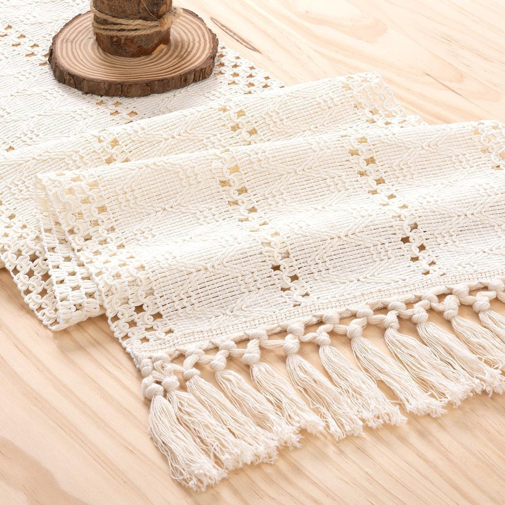 MLMW Fall Table Runner Ivory Thanksgiving Table Runner 48 Inches Boho Table Runner with Tassels Farmhouse Cotton Woven Macrame Table Runner for Fall Christmas Table Decor