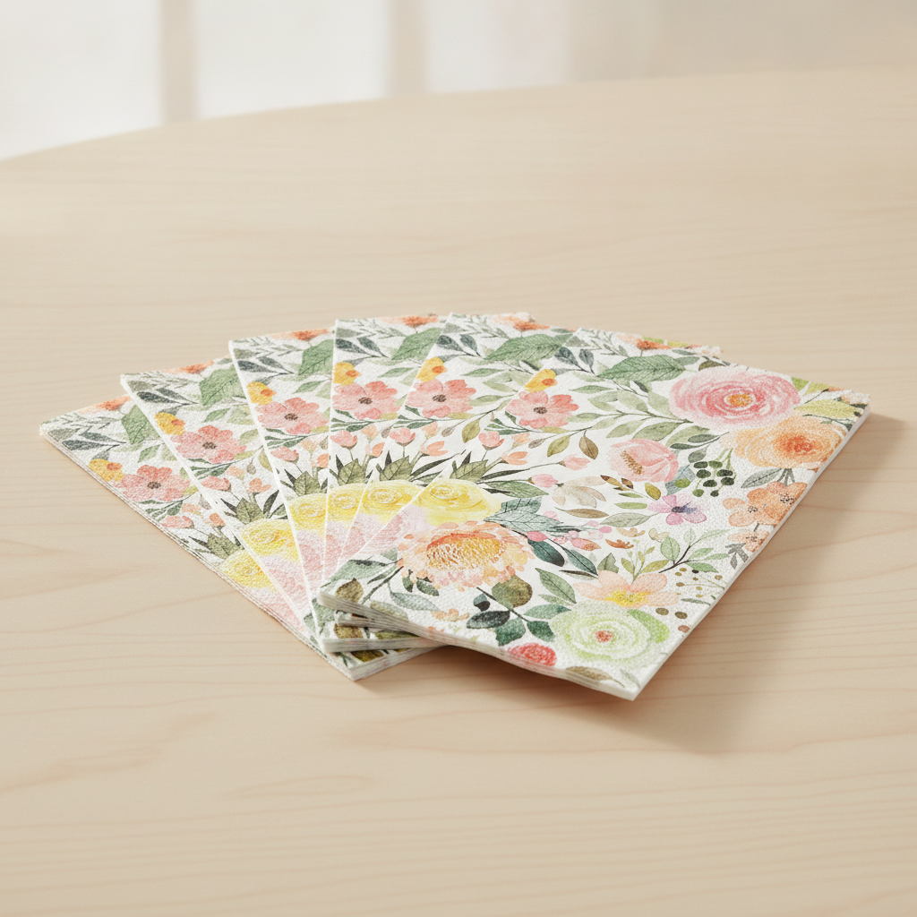 Close-up of fanned watercolor rose floral paper napkins