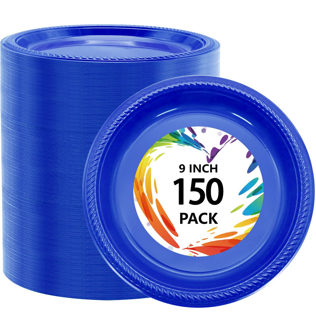 Dark Blue Plastic Dinner Plates — 150 Count, 9 in Disposable Party Plates