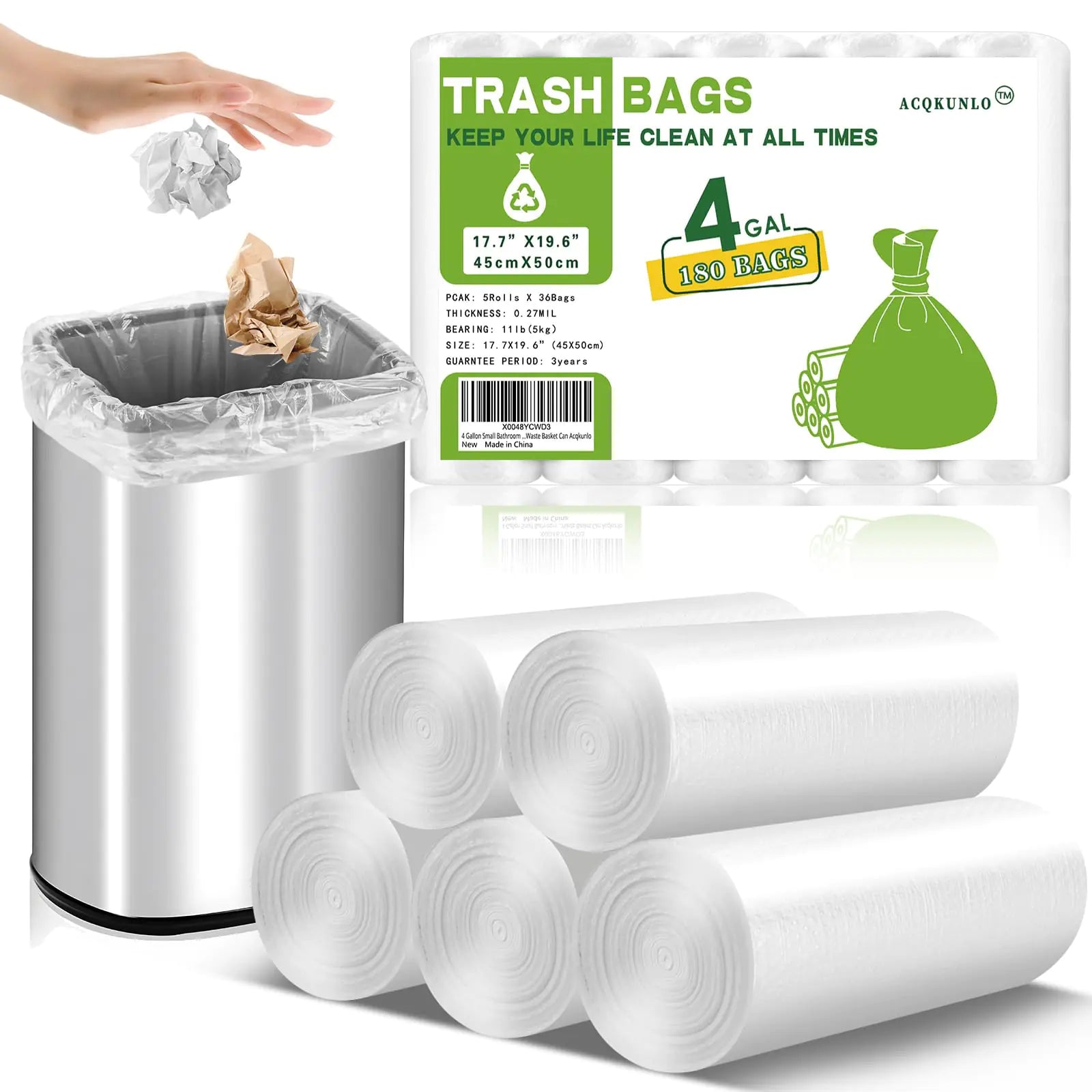 Clear 4 gallon small trash bags on a roll, 180 count, 5 rolls