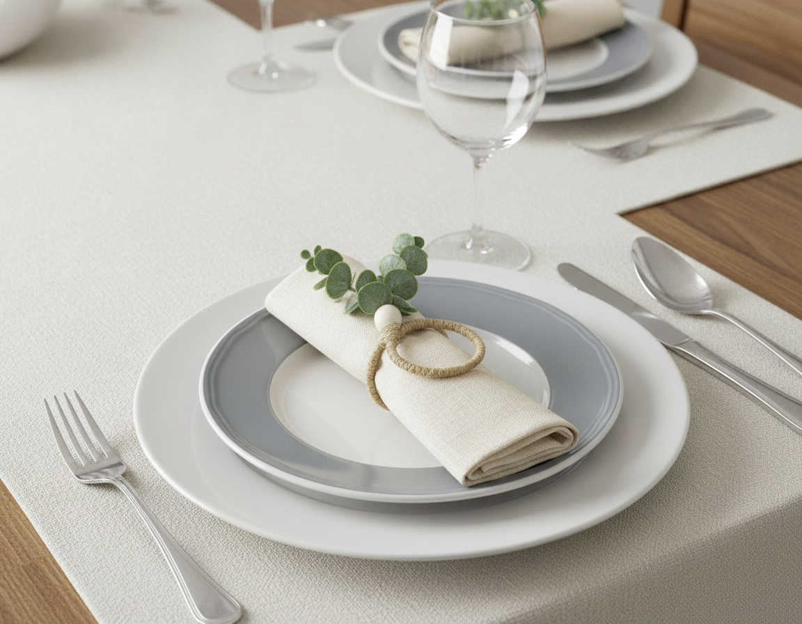 Eucalyptus wood napkin ring holding a folded napkin in a place setting