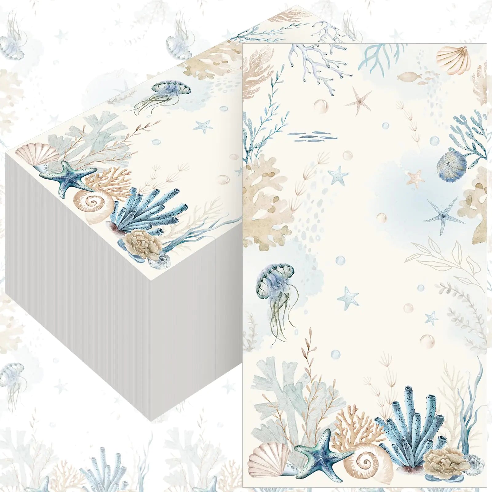 Coastal seashell, coral and starfish paper guest napkins in soft blue and beige, 100 count pack