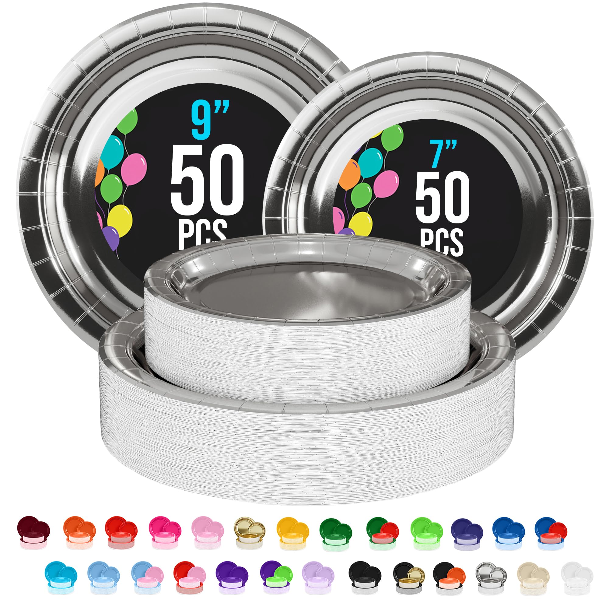 Silver Disposable Paper Plates - 100 Count (50 x 9-inch + 50 x 7-inch)