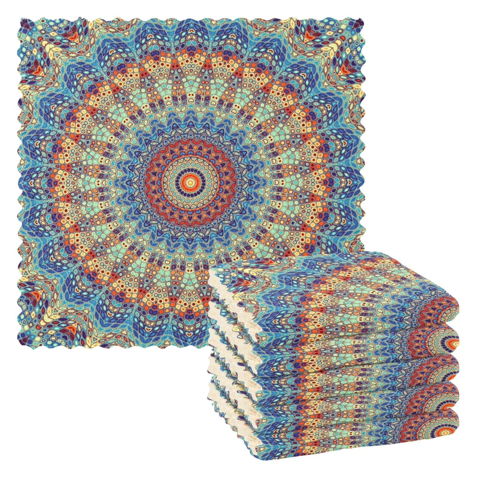 Square microfiber dishcloths with round mandala mosaic print, set of 6