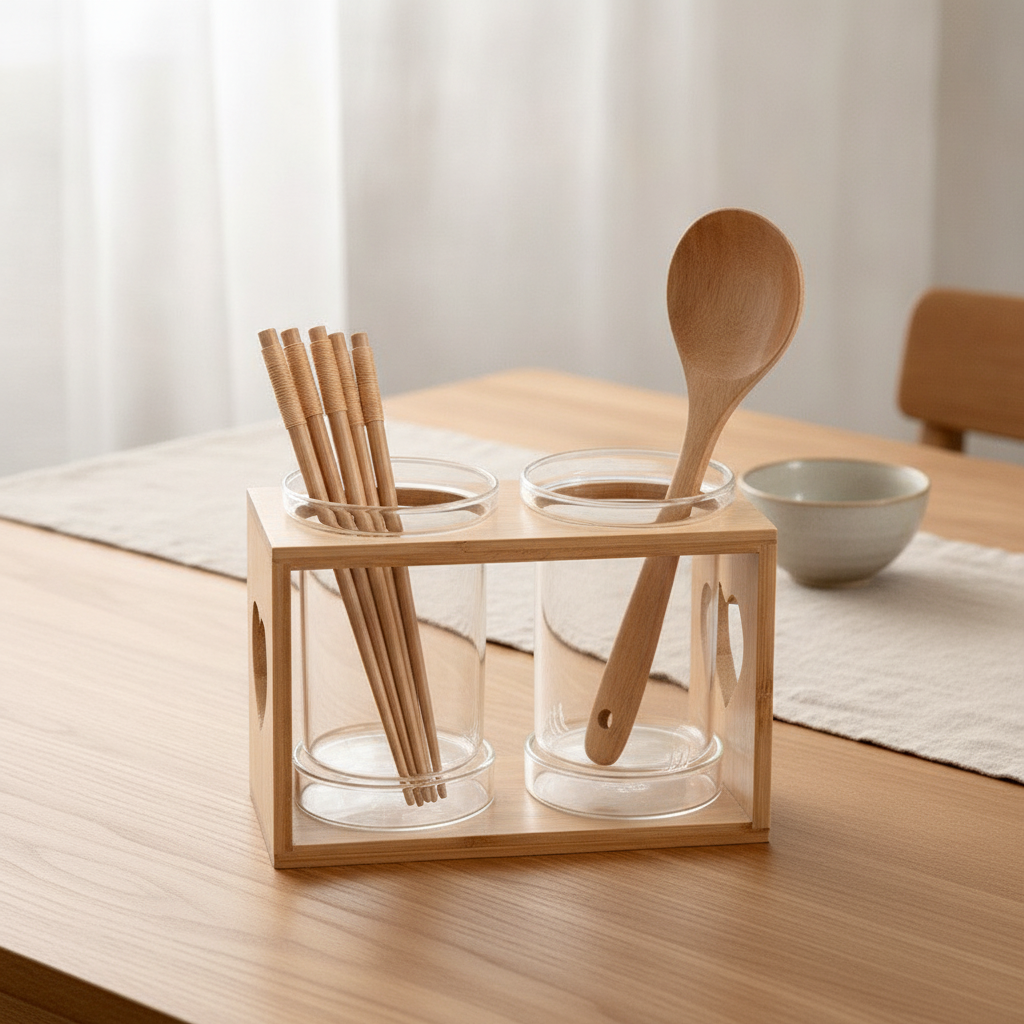 Glass and wood utensil holder holding chopsticks and a wooden spoon on a dining table