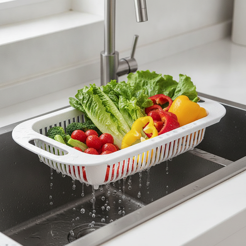 Draining basket across a sink filled with washed vegetables and water draining through