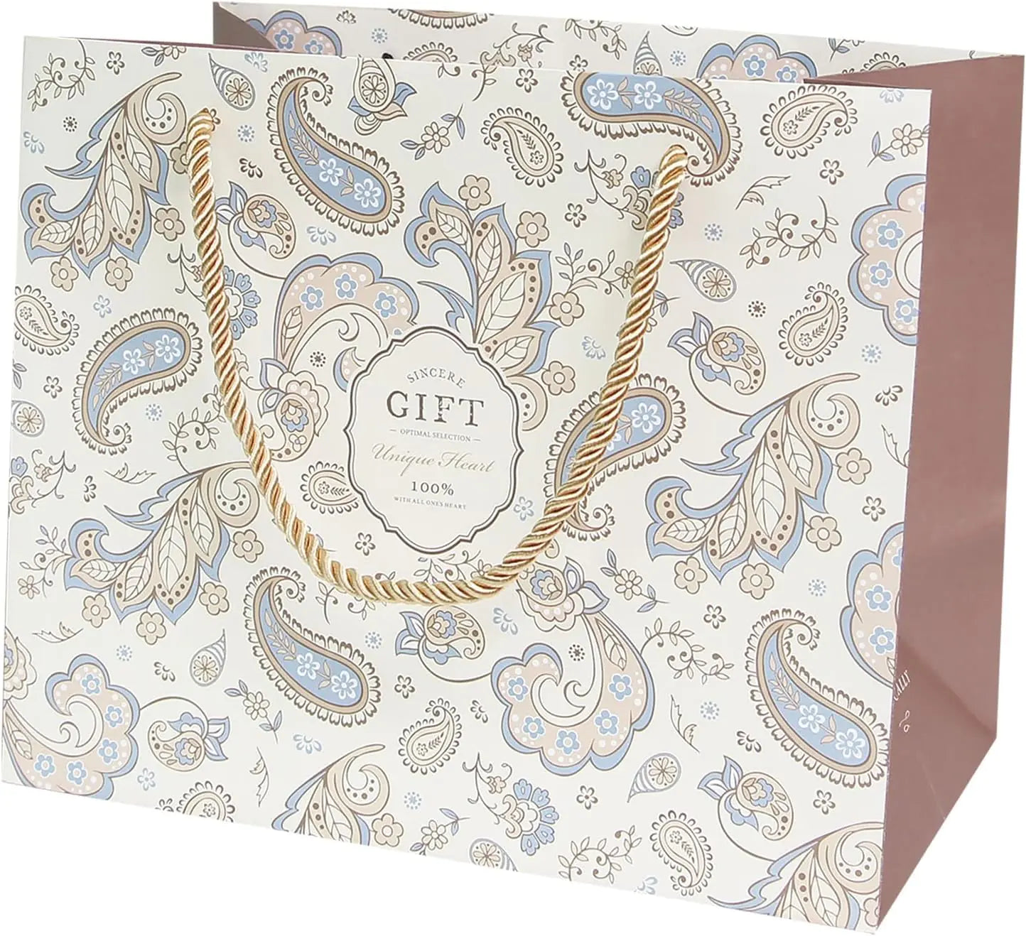 Paisley print cream kraft gift bag with gold rope handles and GIFT label — real product