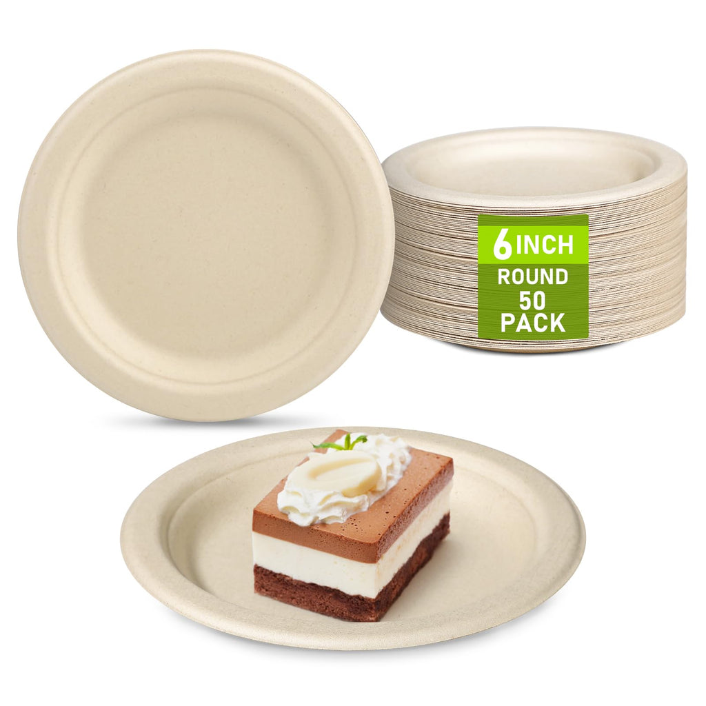 6-Inch Round Compostable Paper Plates, 50 Pack
