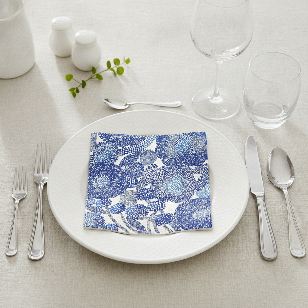 Blue floral paper napkin folded on a white plate place setting