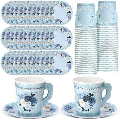 200 Pcs Floral Paper Tea Cups and Saucers 7 oz Disposable Tea Party Decorations Vintage Cute Paper Tea Cups and Plates with Handles for Girls Wedding Baby Bridal Shower Birthday Serve 100(Blue)
