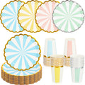 CHENGU Disposable Plates for Party Disposable Dinnerware Set Include 7 Inch Paper pastel Dessert Plates and 12 oz Cups for Birthday Party Supplies Baby Shower Wedding (Stripe Style80 Pcs)