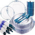 175-Piece Clear & Dark Blue Plastic Dinnerware Set for 25 Guests