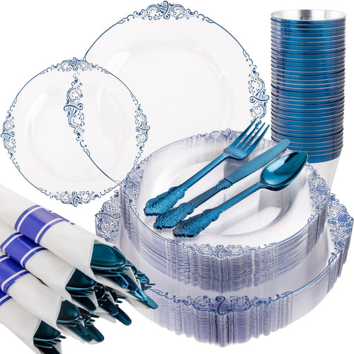 175-Piece Clear & Dark Blue Plastic Dinnerware Set for 25 Guests