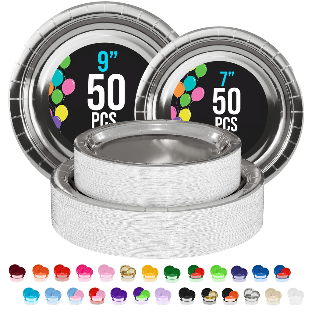 Silver Disposable Paper Plates - 100 Count (50 x 9-inch + 50 x 7-inch)