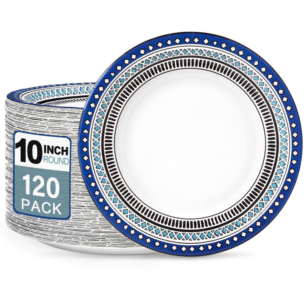 Blue Patterned Heavy-Duty Paper Plates — 120 Count, 10 in Bulk Disposable Plates
