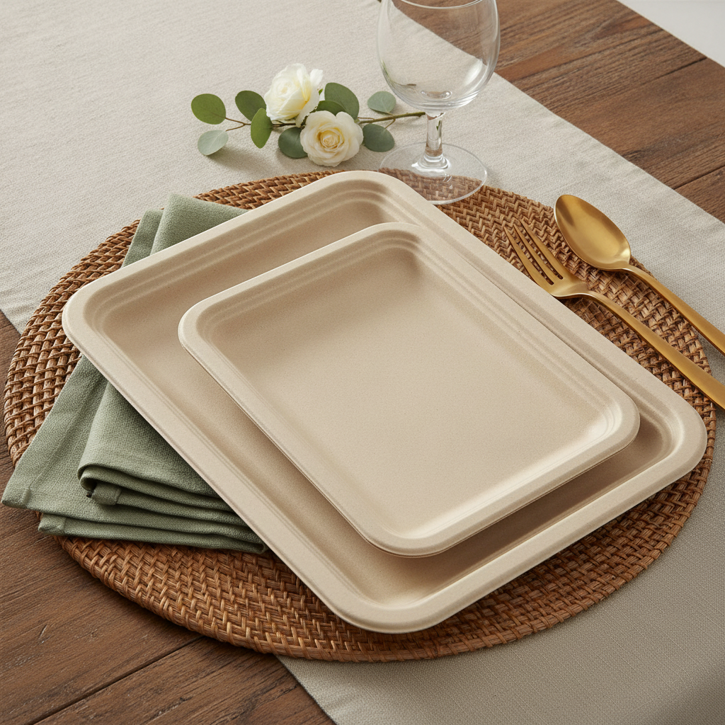 Natural tan rectangular compostable sugarcane bagasse disposable paper plates styled rustic eco tablescape