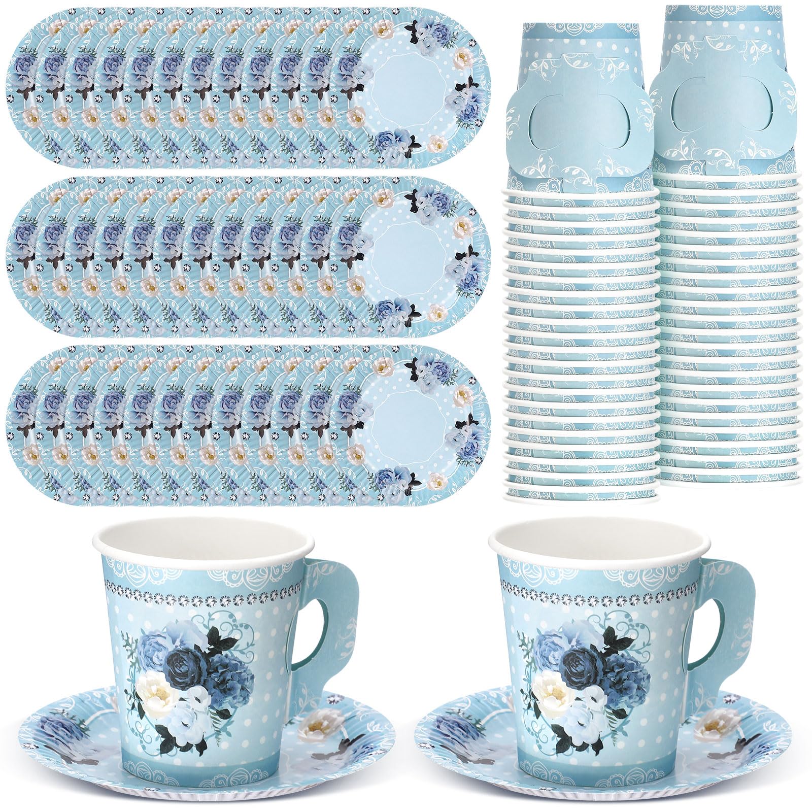 200 Pcs Floral Paper Tea Cups and Saucers 7 oz Disposable Tea Party Decorations Vintage Cute Paper Tea Cups and Plates with Handles for Girls Wedding Baby Bridal Shower Birthday Serve 100(Blue)