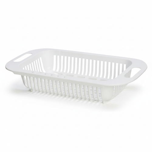 Snagly retractable plastic vegetable draining colander basket on white background