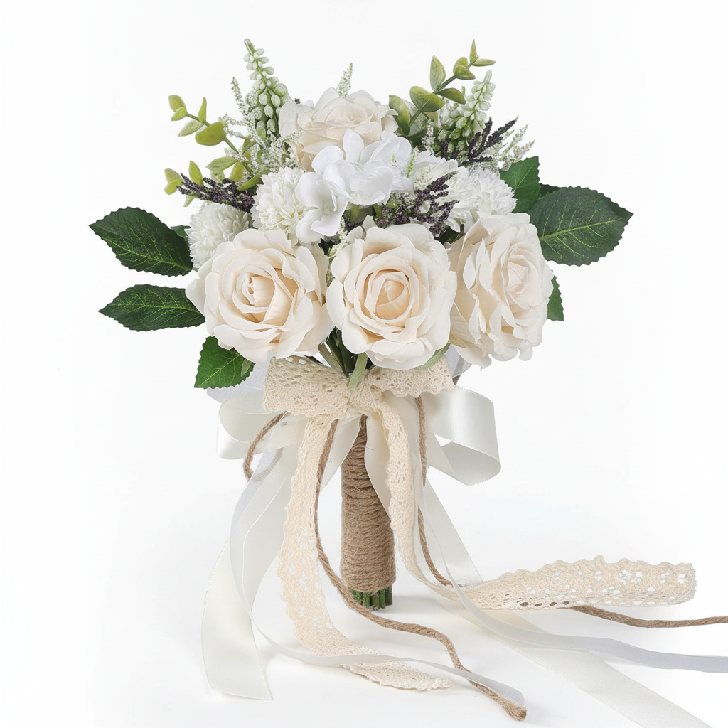 White and champagne artificial rose bridal bouquet on white background