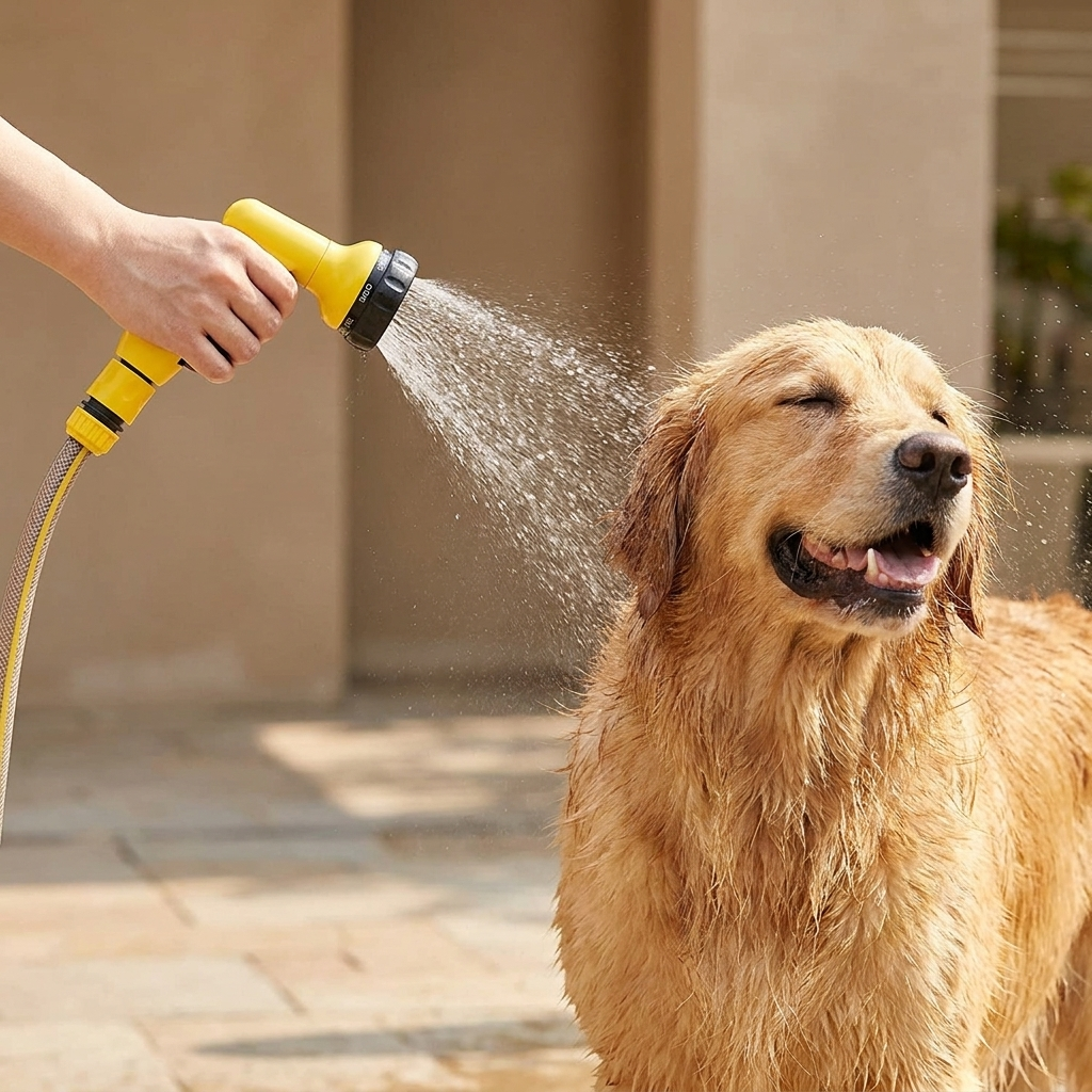 Rinsing a golden retriever outdoors with the Snagly pet shower sprayer