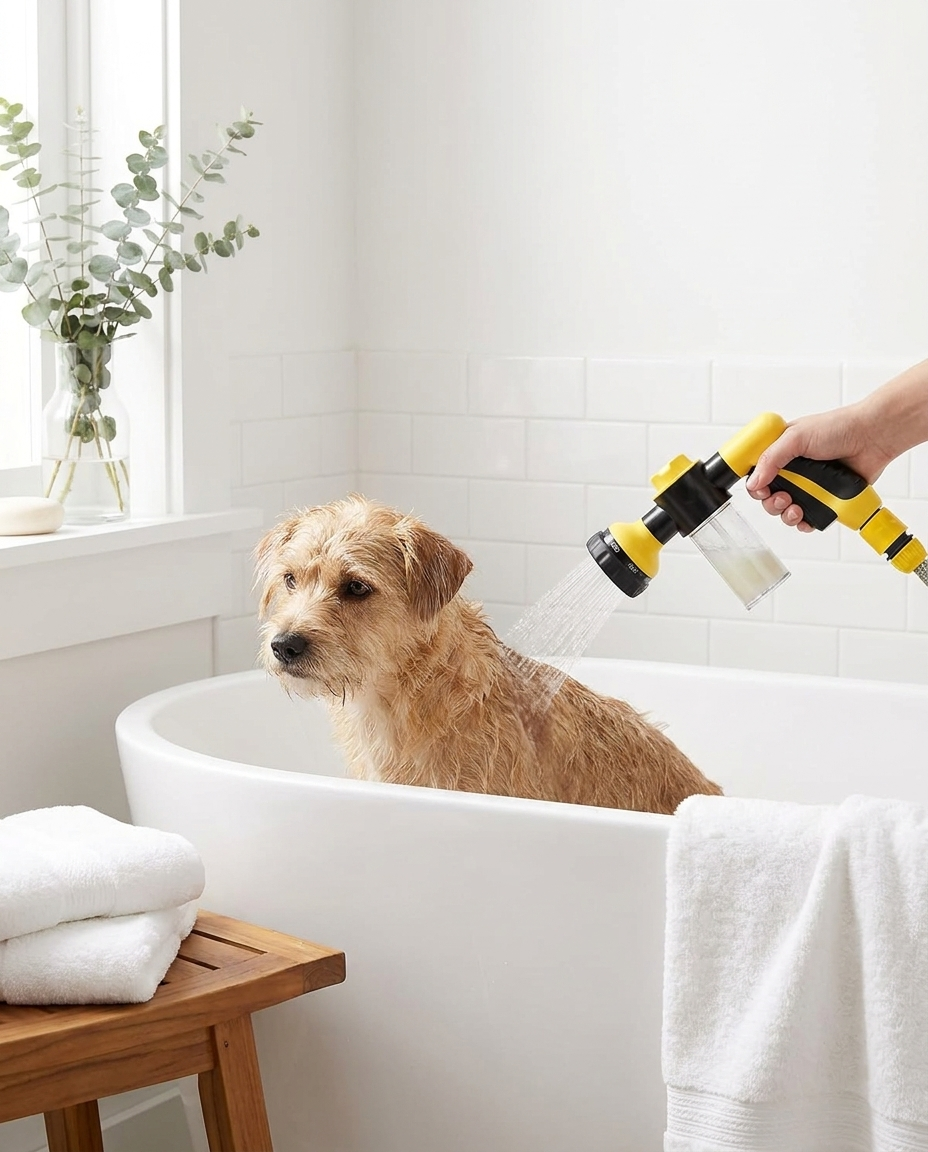 Calm dog bathed in a tub with the Snagly pet shower sprayer