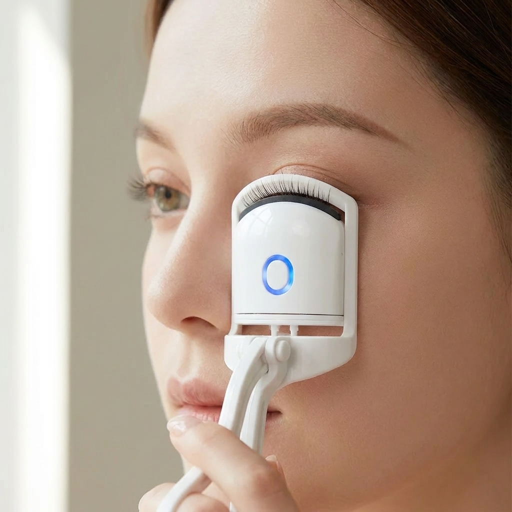 Woman applying the heated eyelash curler to her upper lashes close up