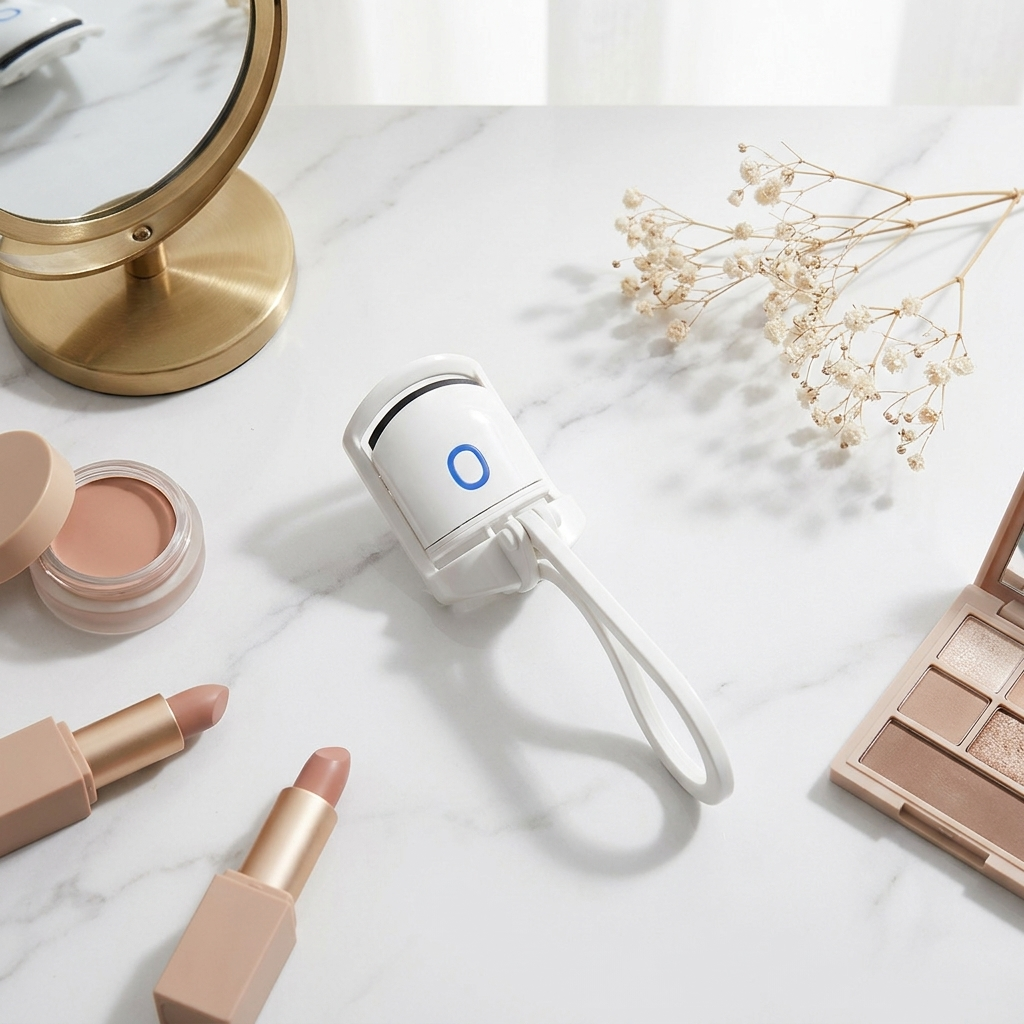 Heated eyelash curler flat lay on a marble vanity with makeup props