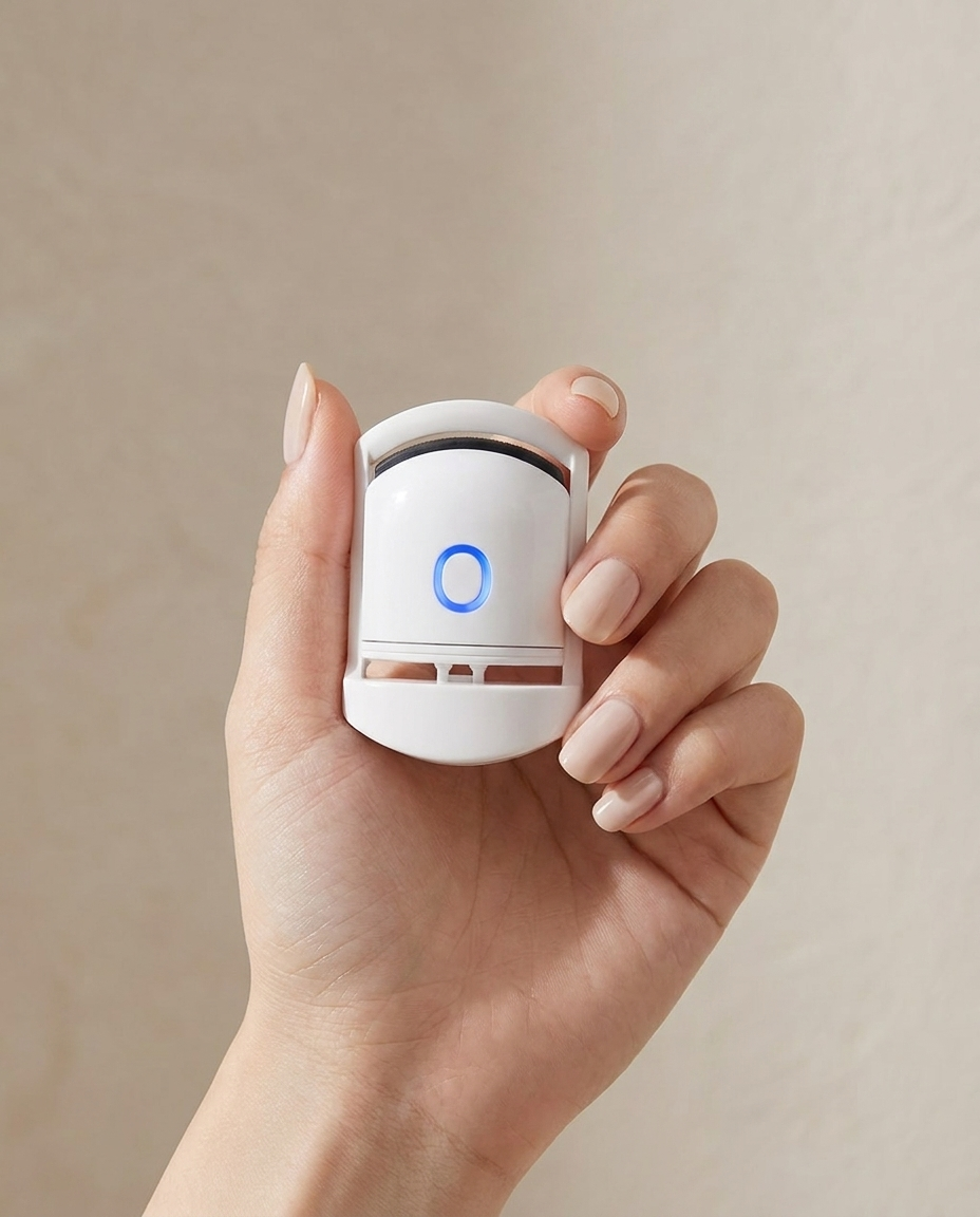 Heated eyelash curler held in hand showing compact size