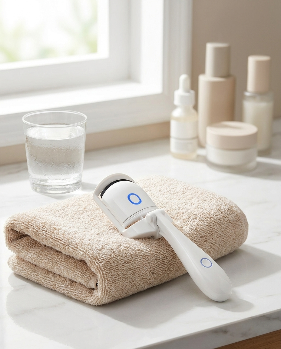 Heated eyelash curler in a bright minimalist bathroom vanity scene
