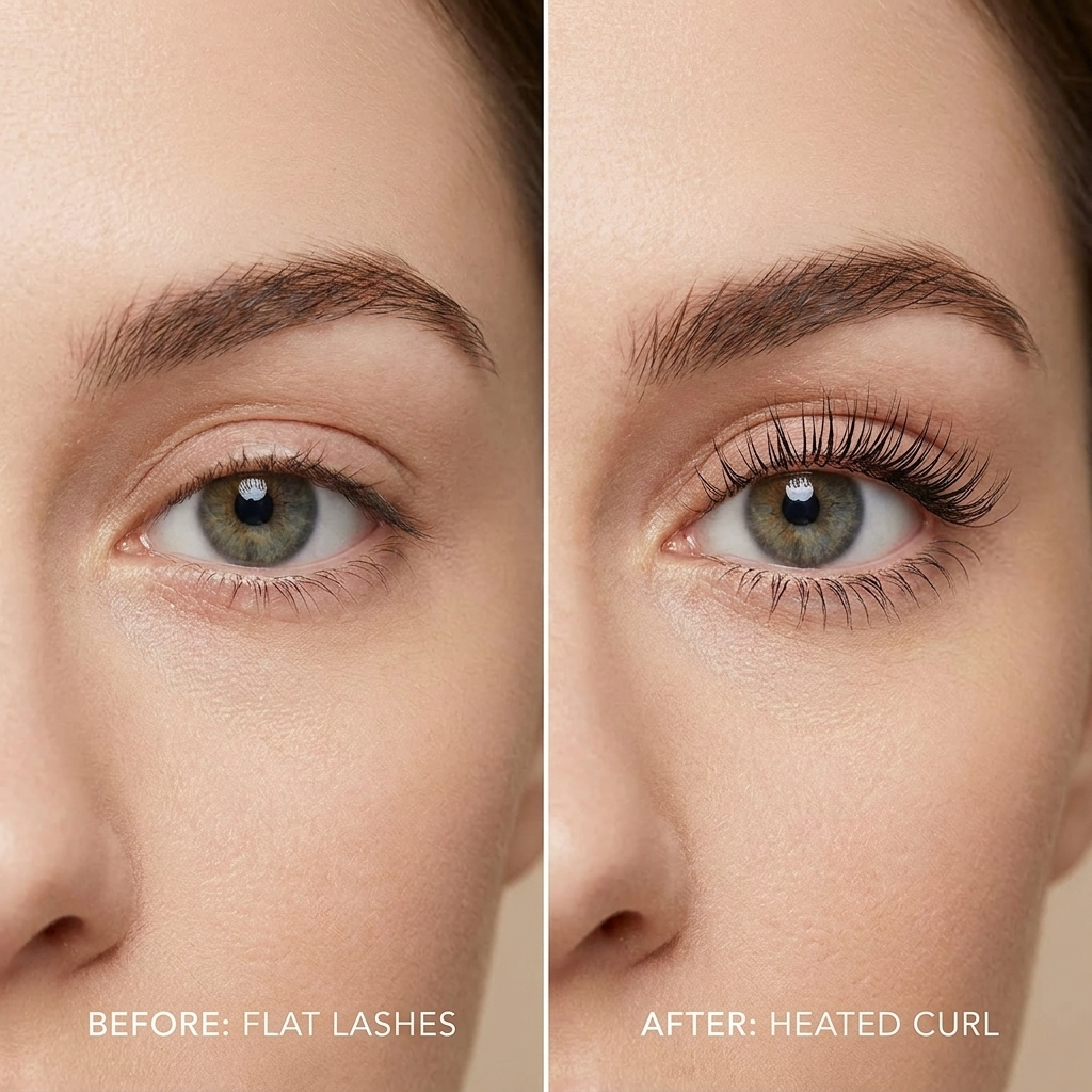 Before and after: flat lashes versus lifted curl using the heated eyelash curler