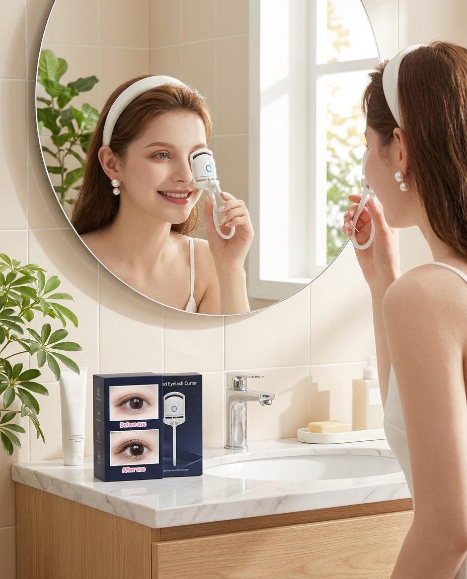 Woman using the heated eyelash curler at the mirror while getting ready