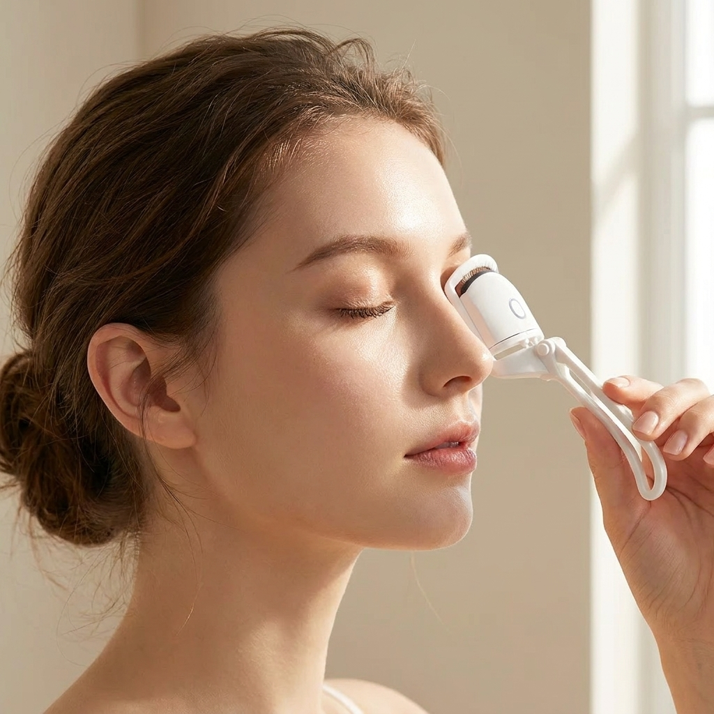Side profile of a woman using the heated eyelash curler