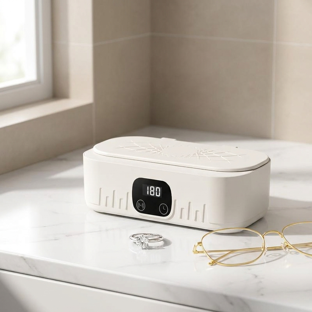 Ultrasonic cleaner on a bathroom counter with a ring and glasses