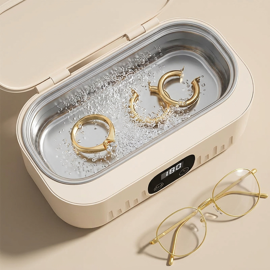 Top down view of jewelry being cleaned inside the ultrasonic cleaner basket