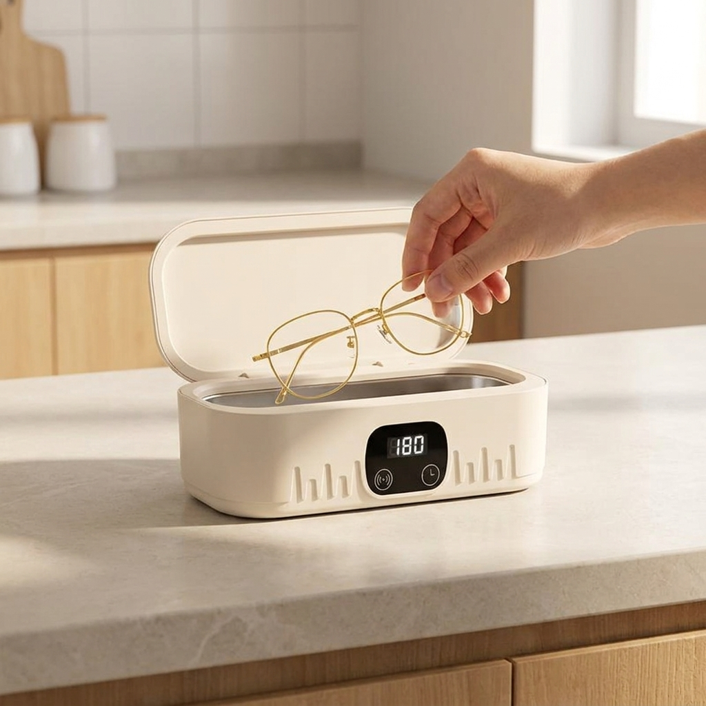 Hand lowering eyeglasses into the ultrasonic cleaner