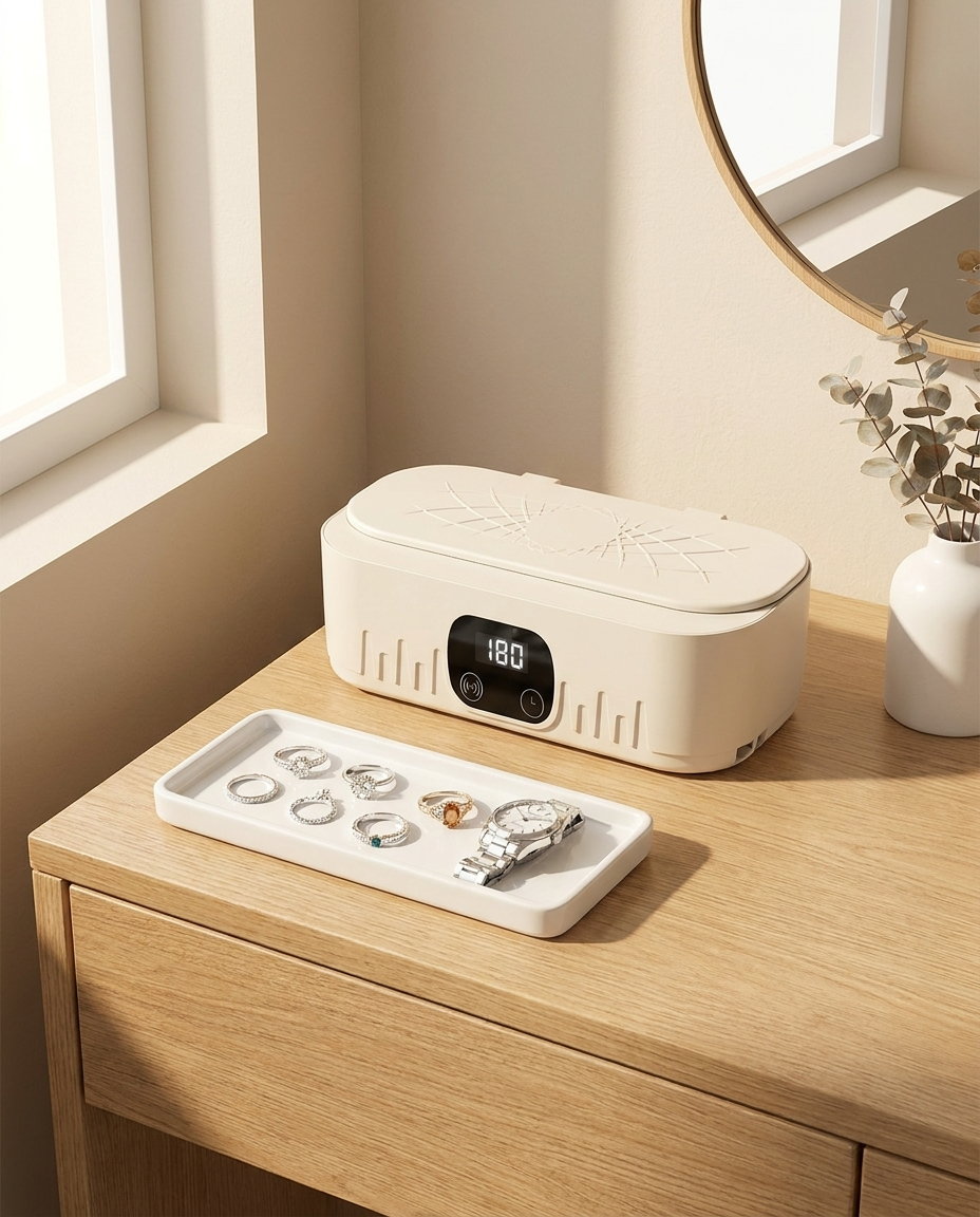 Ultrasonic cleaner on a vanity beside sparkling clean rings and a watch