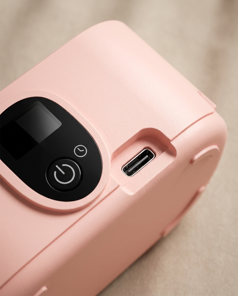 Macro detail of the ultrasonic cleaner control button and USB-C port