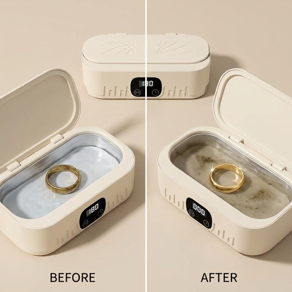 Before and after: dull ring becomes sparkling clean as the water turns murky