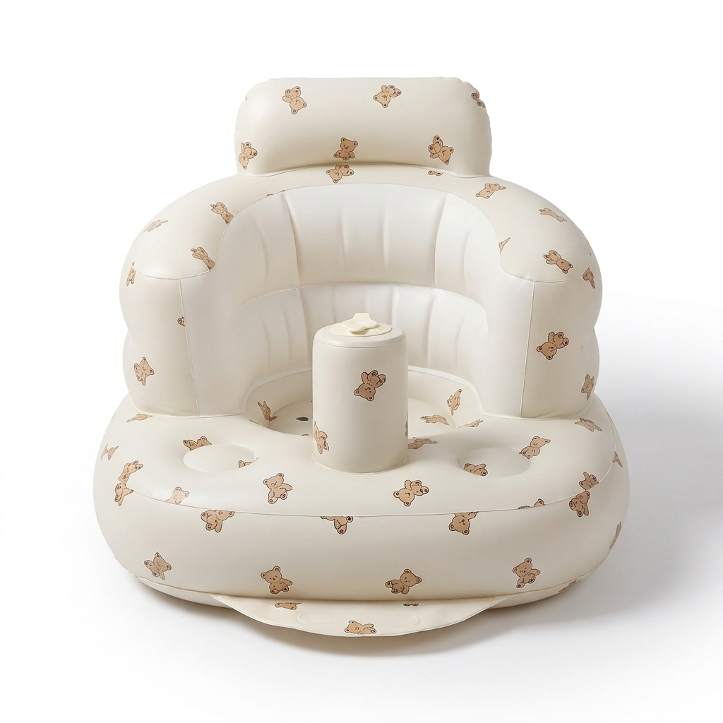 Inflatable baby seat chair with backrest, bear pattern