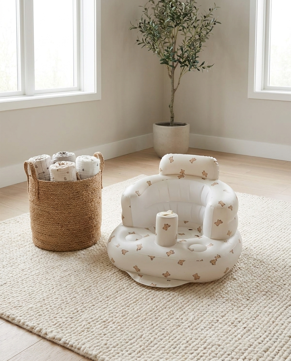 Inflatable baby chair on a rug in a living room